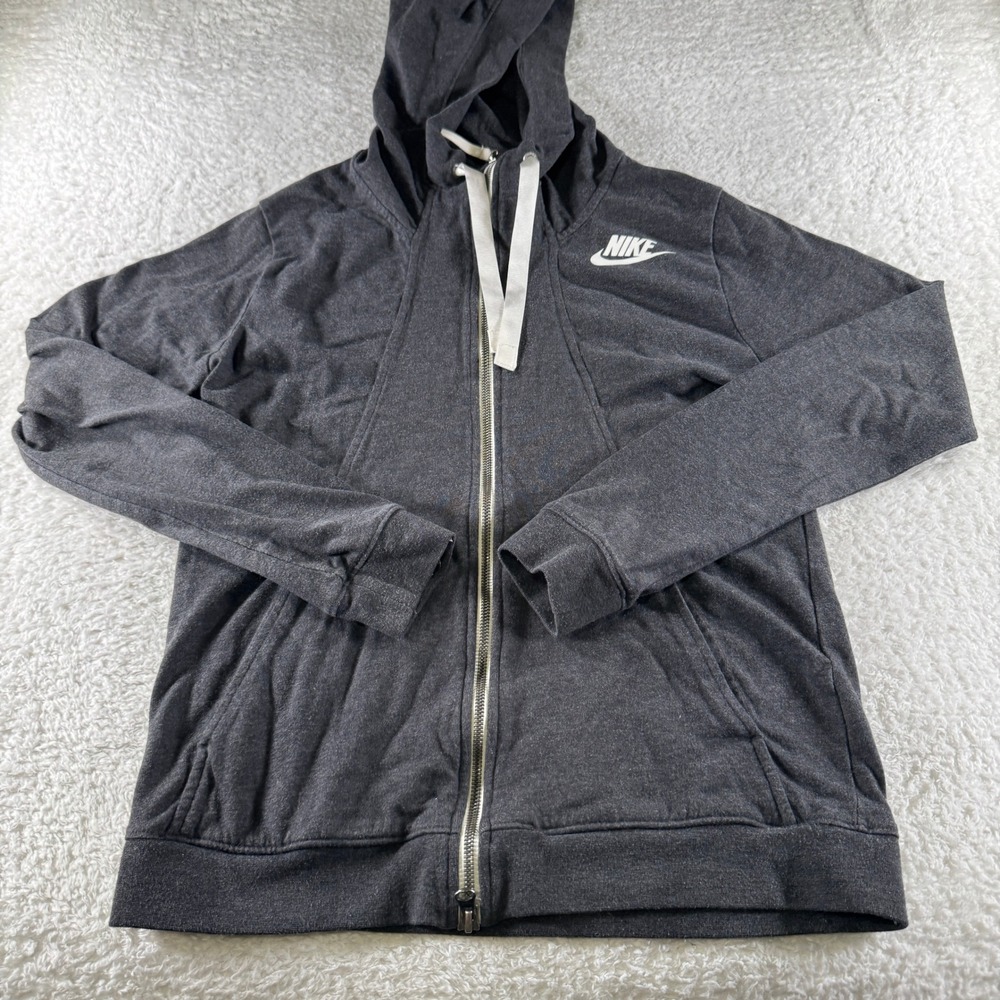 Nike Women's Full Zip Hoodie Sweatshirt Size Medium Gray Drawstring Clean Used